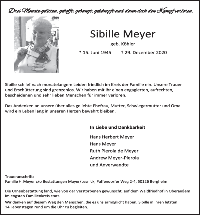  Traueranzeige für Sibille Meyer vom 15.01.2021 aus  Werbepost 