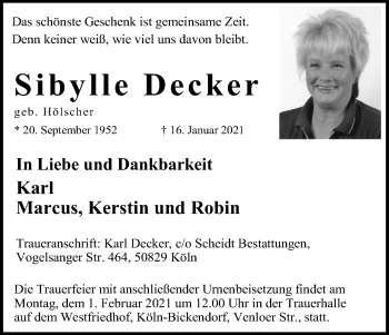 Anzeige von Sibylle Decker von Kölner Stadt-Anzeiger / Kölnische Rundschau / Express