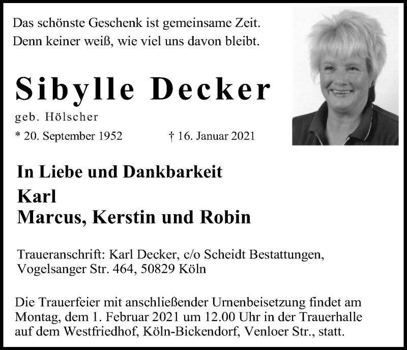  Traueranzeige für Sibylle Decker vom 23.01.2021 aus Kölner Stadt-Anzeiger / Kölnische Rundschau / Express