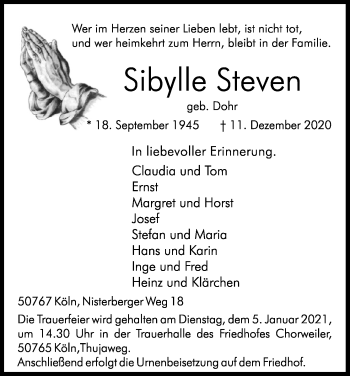 Anzeige von Sibylle Steven von Kölner Stadt-Anzeiger / Kölnische Rundschau / Express
