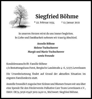 Anzeige von Siegfried Böhme von Kölner Stadt-Anzeiger / Kölnische Rundschau / Express
