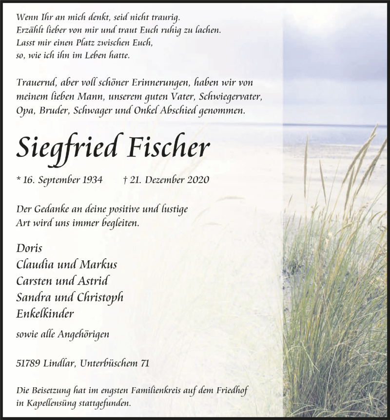  Traueranzeige für Siegfried Fischer vom 08.01.2021 aus  Anzeigen Echo 