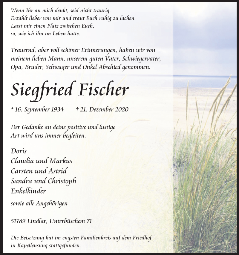  Traueranzeige für Siegfried Fischer vom 09.01.2021 aus Kölner Stadt-Anzeiger / Kölnische Rundschau / Express