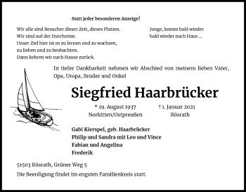Anzeige von Siegfried Haarbrücker von Kölner Stadt-Anzeiger / Kölnische Rundschau / Express