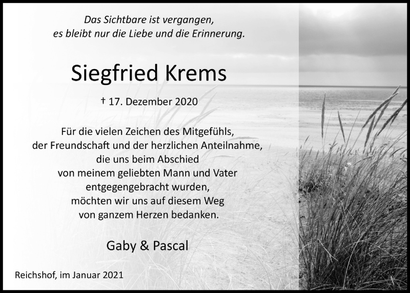  Traueranzeige für Siegfried Krems vom 15.01.2021 aus  Anzeigen Echo  Lokalanzeiger 