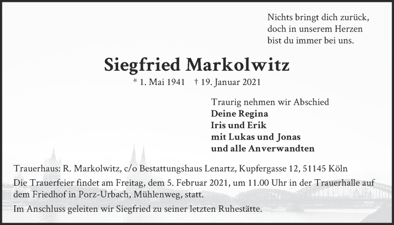  Traueranzeige für Siegfried Markolwitz vom 29.01.2021 aus  Kölner Wochenspiegel 