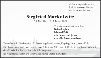 Anzeige von Siegfried Markolwitz von  Kölner Wochenspiegel 