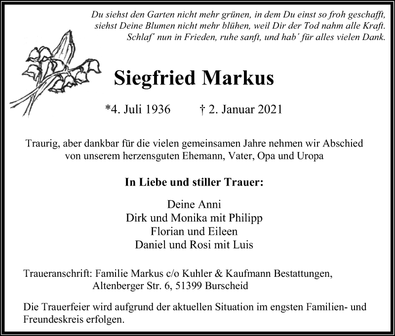  Traueranzeige für Siegfried Markus vom 09.01.2021 aus Kölner Stadt-Anzeiger / Kölnische Rundschau / Express