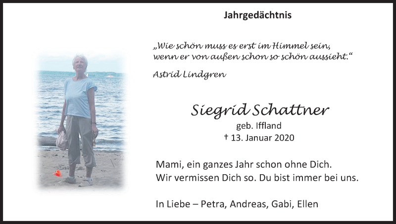  Traueranzeige für Siegrid Schattner vom 16.01.2021 aus Kölner Stadt-Anzeiger / Kölnische Rundschau / Express