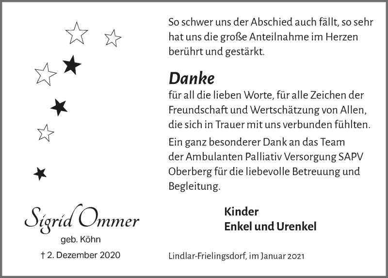  Traueranzeige für Sigrid Ommer vom 08.01.2021 aus  Anzeigen Echo 
