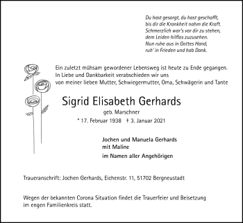 Anzeige von Sigrid Elisabeth Gerhards von Kölner Stadt-Anzeiger / Kölnische Rundschau / Express