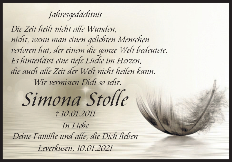  Traueranzeige für Simona Stolle vom 09.01.2021 aus Kölner Stadt-Anzeiger / Kölnische Rundschau / Express