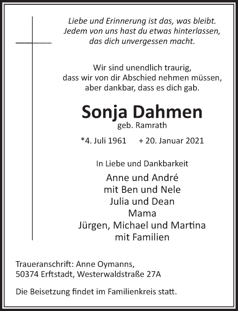  Traueranzeige für Sonja Dahmen vom 29.01.2021 aus  Wochenende 