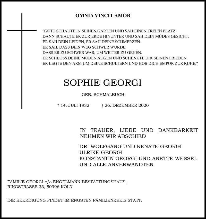  Traueranzeige für Sophie Georgi vom 02.01.2021 aus Kölner Stadt-Anzeiger / Kölnische Rundschau / Express