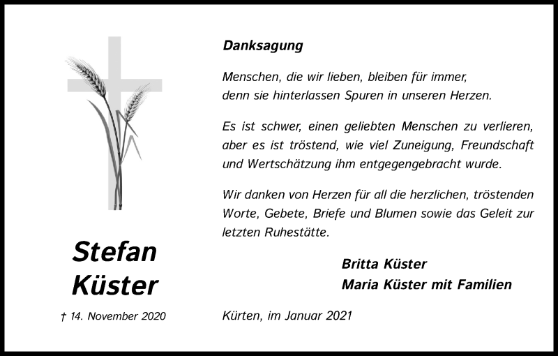  Traueranzeige für Stefan Küster vom 16.01.2021 aus Kölner Stadt-Anzeiger / Kölnische Rundschau / Express