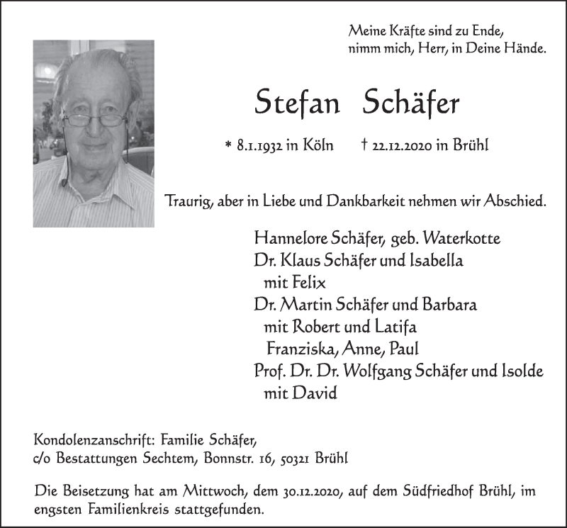  Traueranzeige für Stefan Schäfer vom 02.01.2021 aus  Schlossbote/Werbekurier 
