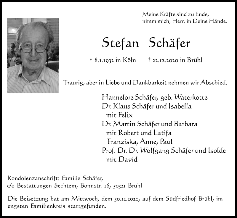  Traueranzeige für Stefan Schäfer vom 02.01.2021 aus Kölner Stadt-Anzeiger / Kölnische Rundschau / Express