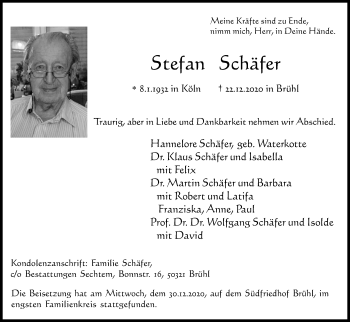 Anzeige von Stefan Schäfer von Kölner Stadt-Anzeiger / Kölnische Rundschau / Express