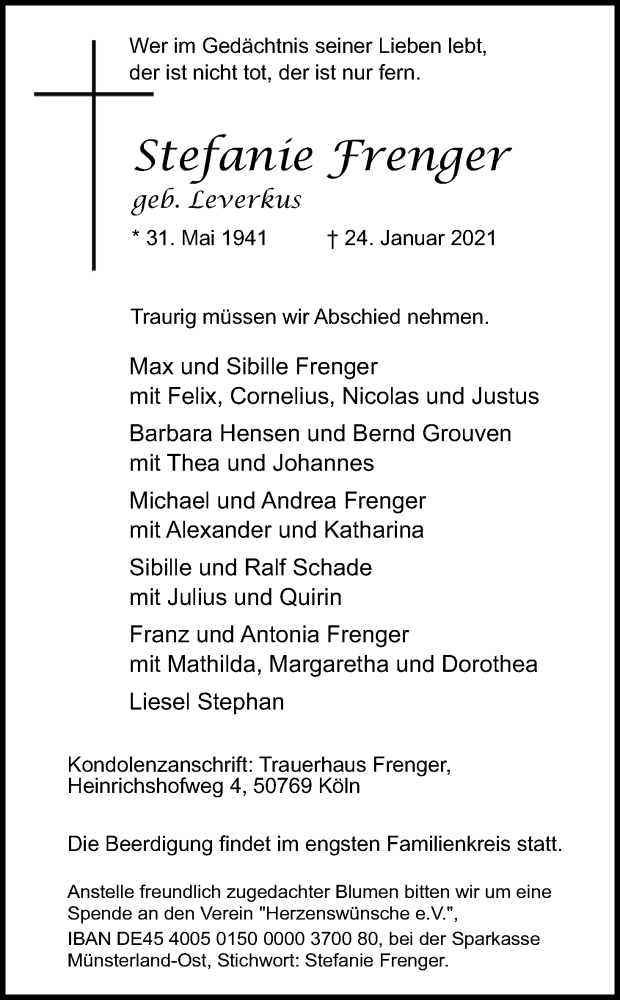  Traueranzeige für Stefanie Frenger vom 30.01.2021 aus Kölner Stadt-Anzeiger / Kölnische Rundschau / Express