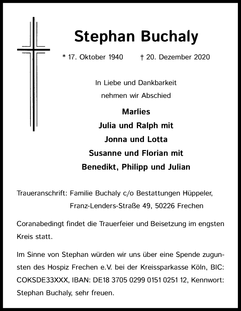 Traueranzeige für Stephan Buchaly vom 13.01.2021 aus Kölner Stadt-Anzeiger / Kölnische Rundschau / Express