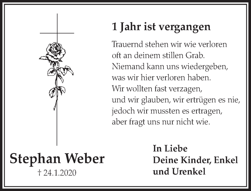  Traueranzeige für Stephan Weber vom 22.01.2021 aus  Schlossbote/Werbekurier 