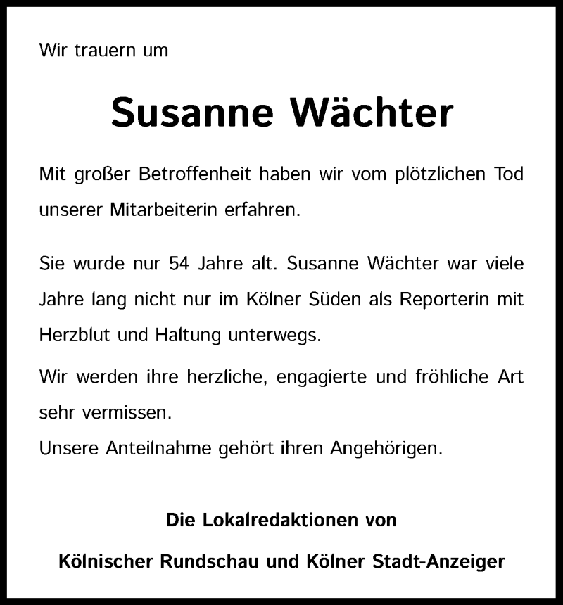  Traueranzeige für Susanne Wächter vom 23.01.2021 aus Kölner Stadt-Anzeiger / Kölnische Rundschau / Express