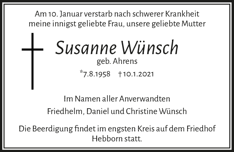  Traueranzeige für Susanne Wünsch vom 15.01.2021 aus  Bergisches Handelsblatt 
