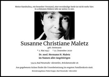 Anzeige von Susanne Christiane Maletz von Kölner Stadt-Anzeiger / Kölnische Rundschau / Express