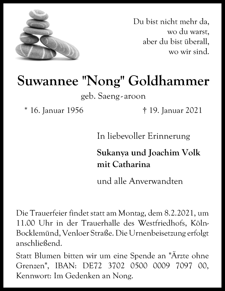  Traueranzeige für Suwannee Goldhammer vom 30.01.2021 aus Kölner Stadt-Anzeiger / Kölnische Rundschau / Express