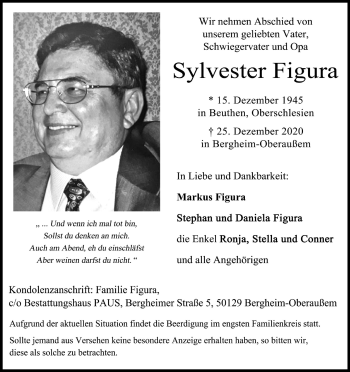 Anzeige von Sylvester Figura von Kölner Stadt-Anzeiger / Kölnische Rundschau / Express