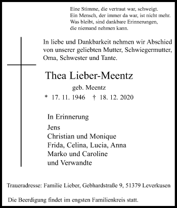 Anzeige von Thea Lieber-Meentz von Kölner Stadt-Anzeiger / Kölnische Rundschau / Express