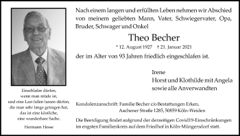 Anzeige von Theo Becher von Kölner Stadt-Anzeiger / Kölnische Rundschau / Express