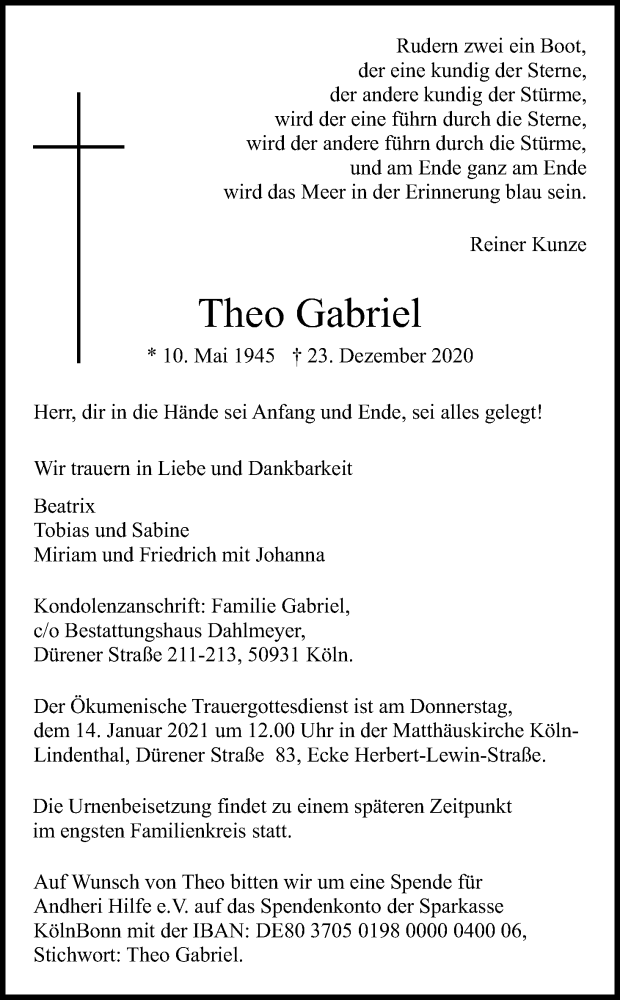  Traueranzeige für Theo Gabriel vom 02.01.2021 aus Kölner Stadt-Anzeiger / Kölnische Rundschau / Express