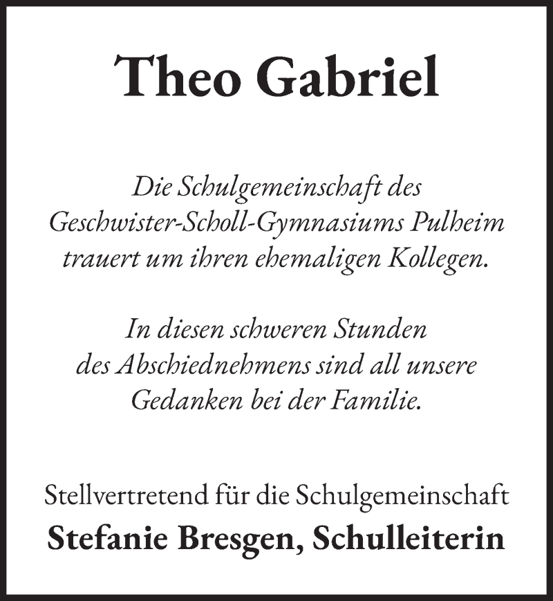  Traueranzeige für Theo Gabriel vom 15.01.2021 aus  Wochenende 