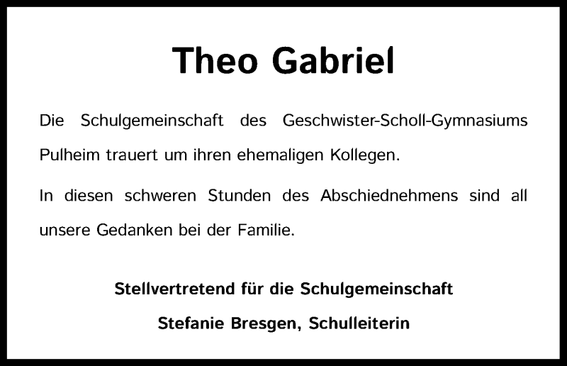  Traueranzeige für Theo Gabriel vom 09.01.2021 aus Kölner Stadt-Anzeiger / Kölnische Rundschau / Express