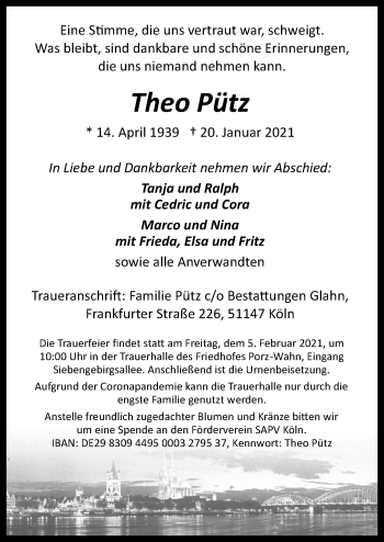 Anzeige von Theo Pütz von  Kölner Wochenspiegel 