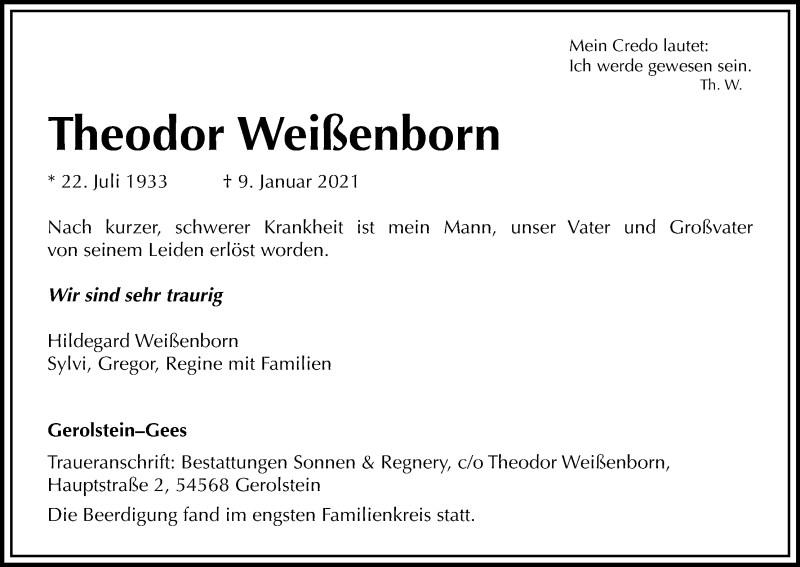  Traueranzeige für Theodor Weißenborn vom 23.01.2021 aus Kölner Stadt-Anzeiger / Kölnische Rundschau / Express