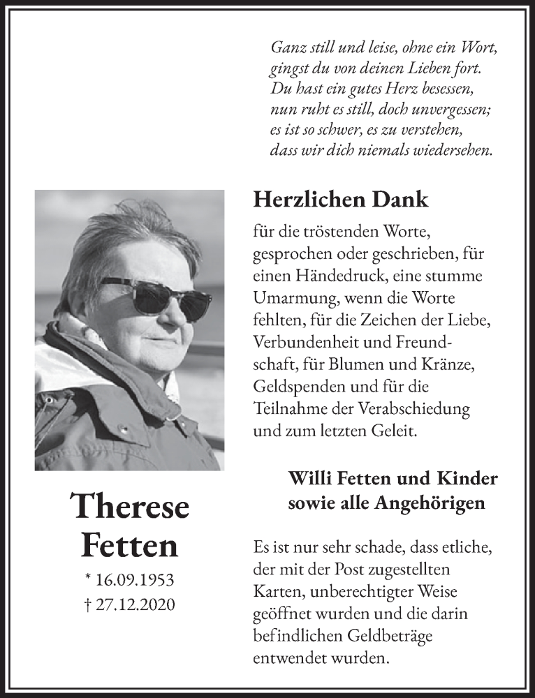  Traueranzeige für Therese Fetten vom 29.01.2021 aus  Werbepost 