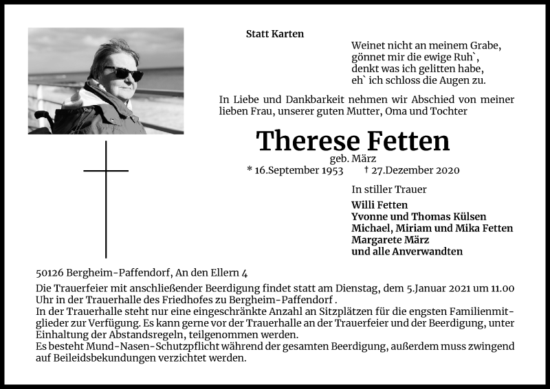  Traueranzeige für Therese Fetten vom 02.01.2021 aus Kölner Stadt-Anzeiger / Kölnische Rundschau / Express