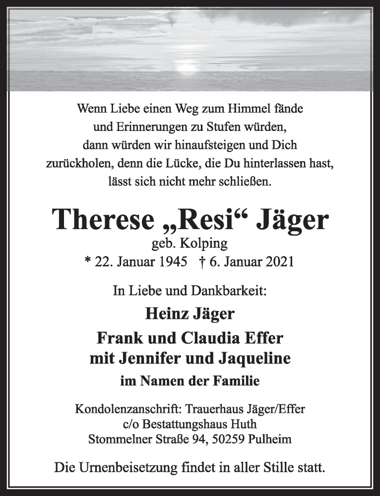  Traueranzeige für Therese Jäger vom 15.01.2021 aus  Wochenende 