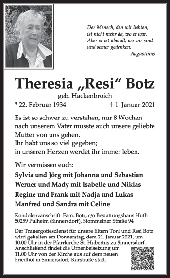 Anzeige von Theresia  Botz von  Wochenende 