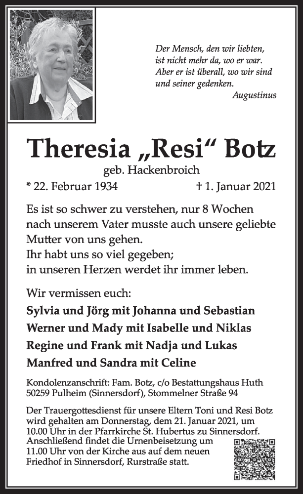  Traueranzeige für Theresia  Botz vom 08.01.2021 aus  Wochenende 