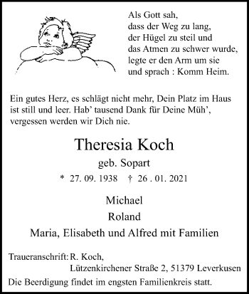 Anzeige von Theresia Koch von Kölner Stadt-Anzeiger / Kölnische Rundschau / Express