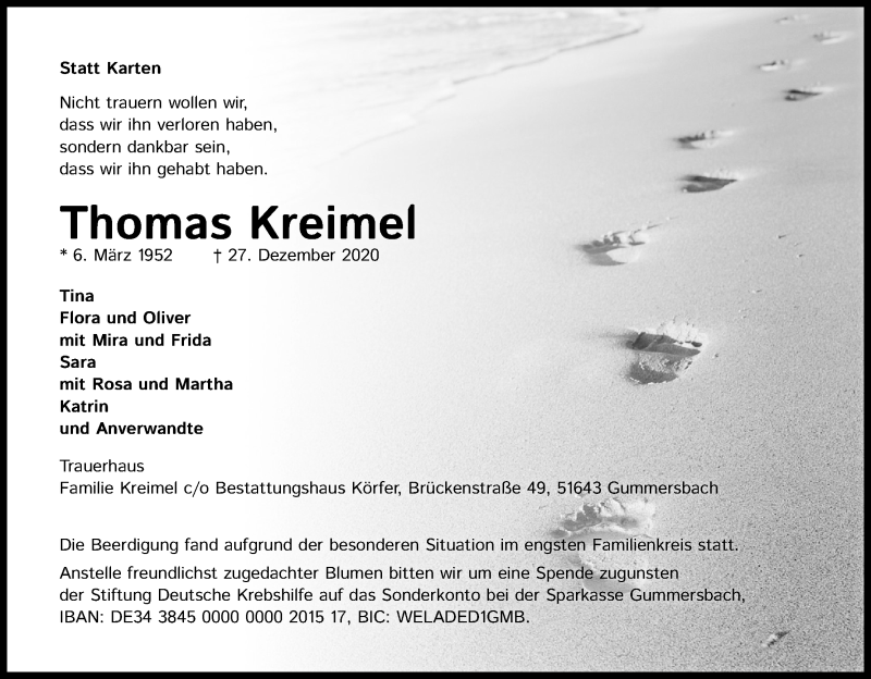  Traueranzeige für Thomas Kreimel vom 09.01.2021 aus Kölner Stadt-Anzeiger / Kölnische Rundschau / Express