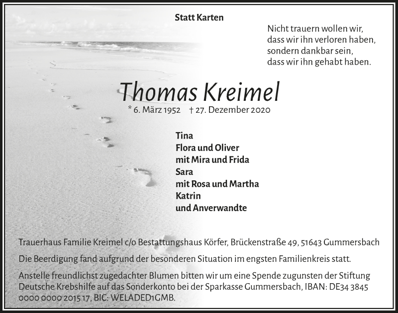  Traueranzeige für Thomas Kreimel vom 08.01.2021 aus  Anzeigen Echo 
