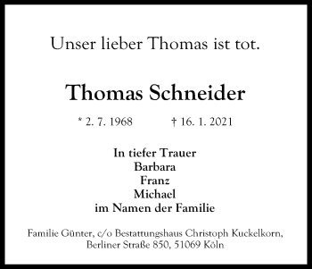 Anzeige von Thomas Schneider von Kölner Stadt-Anzeiger / Kölnische Rundschau / Express