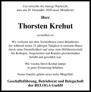 Anzeige von Thorsten Krehut von Kölner Stadt-Anzeiger / Kölnische Rundschau / Express