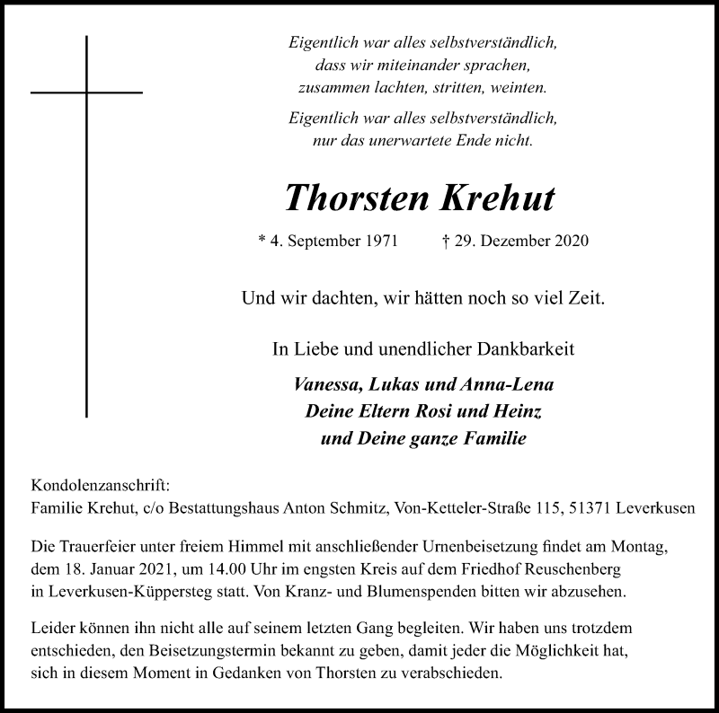  Traueranzeige für Thorsten Krehut vom 09.01.2021 aus Kölner Stadt-Anzeiger / Kölnische Rundschau / Express