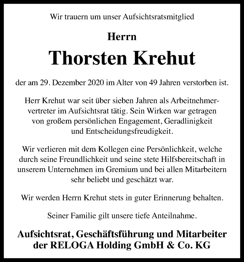  Traueranzeige für Thorsten Krehut vom 09.01.2021 aus Kölner Stadt-Anzeiger / Kölnische Rundschau / Express