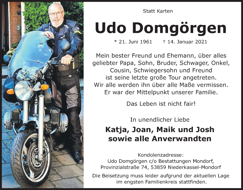  Traueranzeige für Udo Domgörgen vom 23.01.2021 aus Kölner Stadt-Anzeiger / Kölnische Rundschau / Express